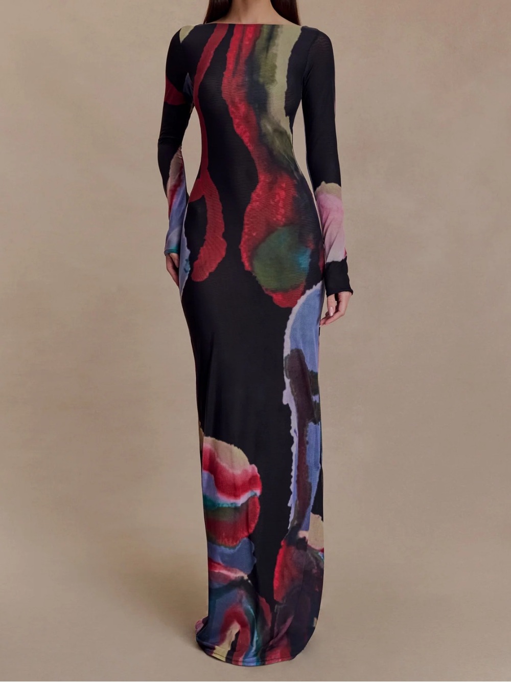 Meshki Black Maxi Dress with Multicolor Abstract Print